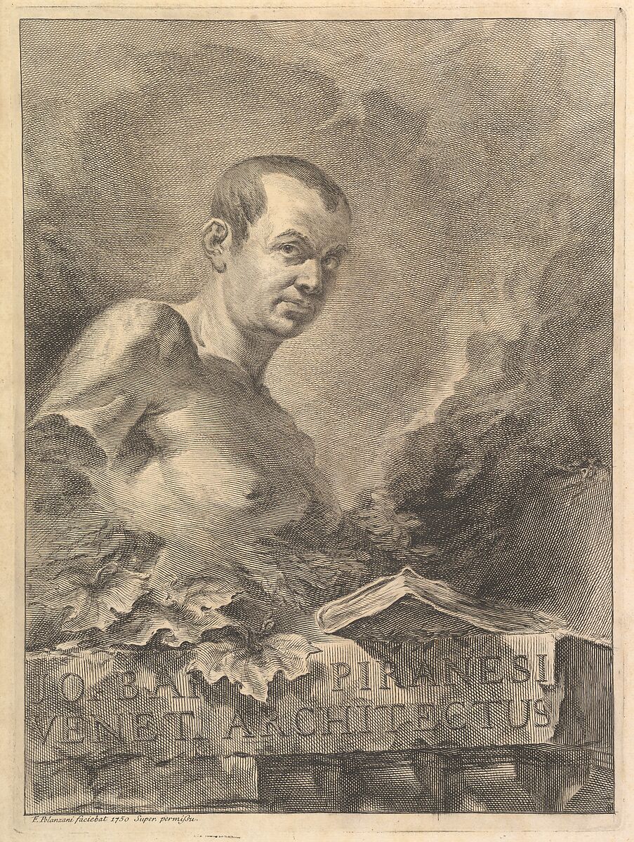 Portrait of G.B. Piranesi in imitation of an antique bust, from "Opere varie di Architettura, prospetive, grotteschi, antichità; inventate, ed incise da Giambattista Piranesi Architetto Veneziano" (Various Works of Architecture, perspectives, grotesques, and antiquities, designed and etched by Giambattista Piranesi, Venetian Architect), Francesco Polanzani (Italian, Noale near Venice 1700–after 1783 Venice (?)), Engraving 