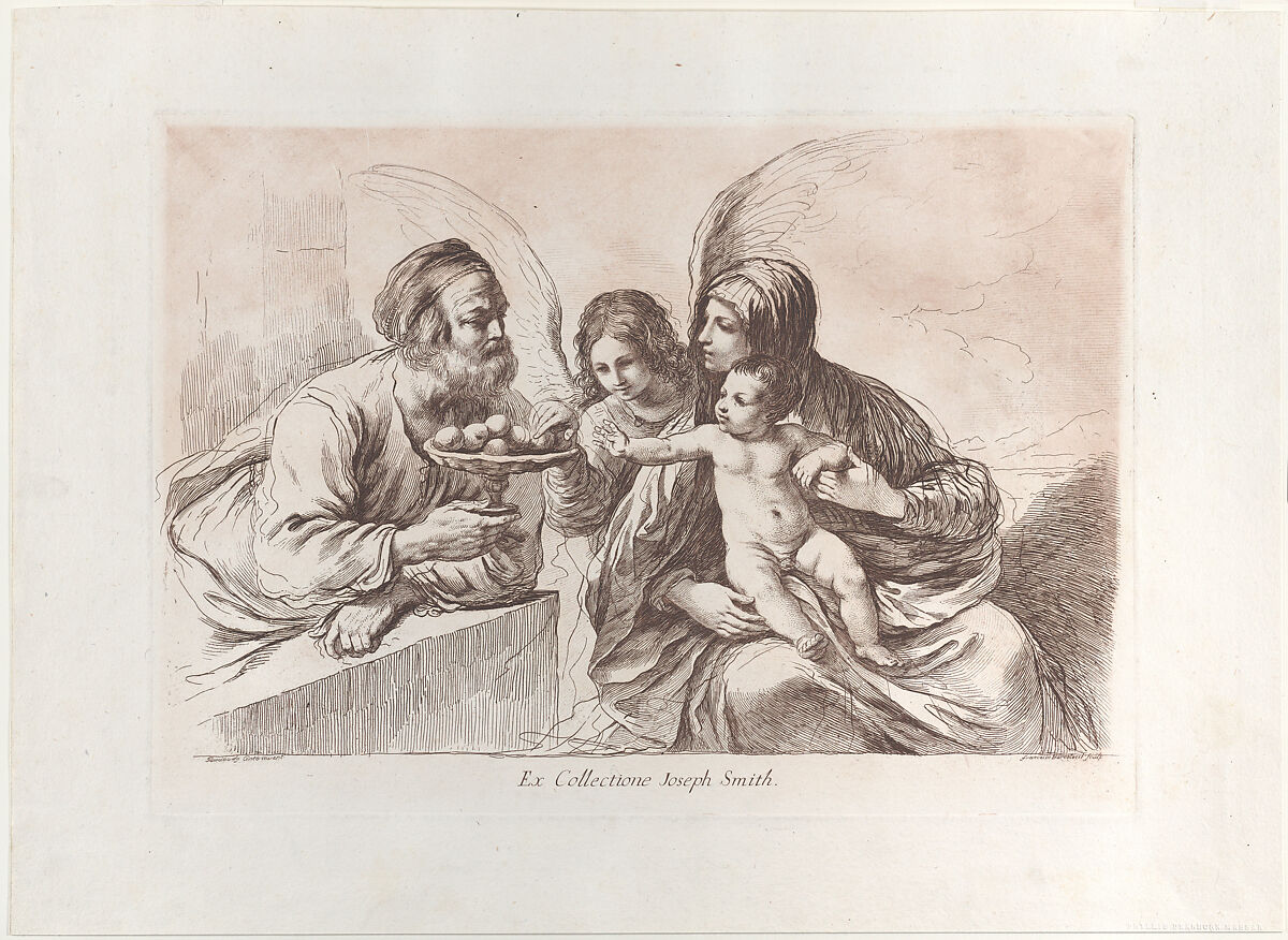 Holy Family with an Angel Who Offers Fruit to the Christ Child: Raccolta di alcuni disegni del Barbieri da Cento detto il Guernico, Francesco Bartolozzi (Italian, Florence 1728–1815 Lisbon), Etching with red and black ink