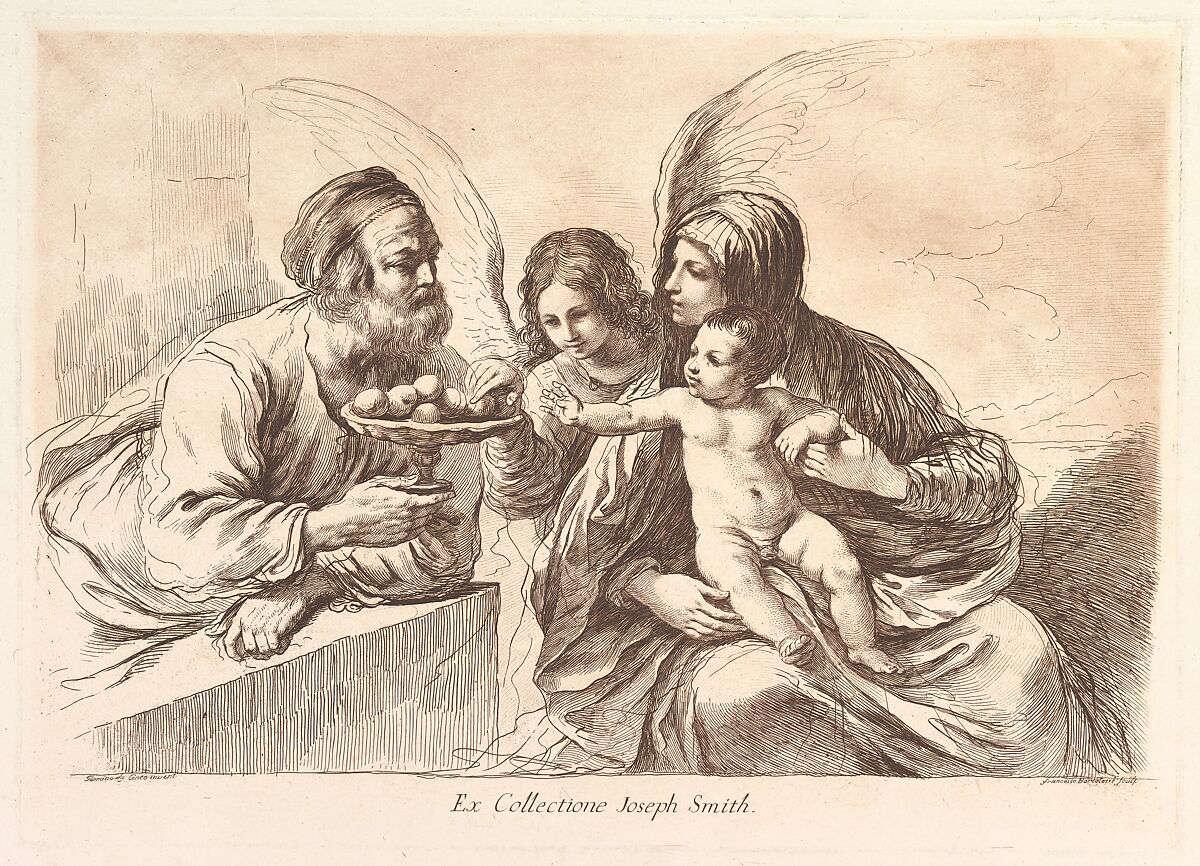 Holy Family with an Angel Who Offers Fruit to the Christ Child: Raccolta di alcuni disegni del Barbieri da Cento detto il Guernico, Francesco Bartolozzi (Italian, Florence 1728–1815 Lisbon), Etching with red and black ink 