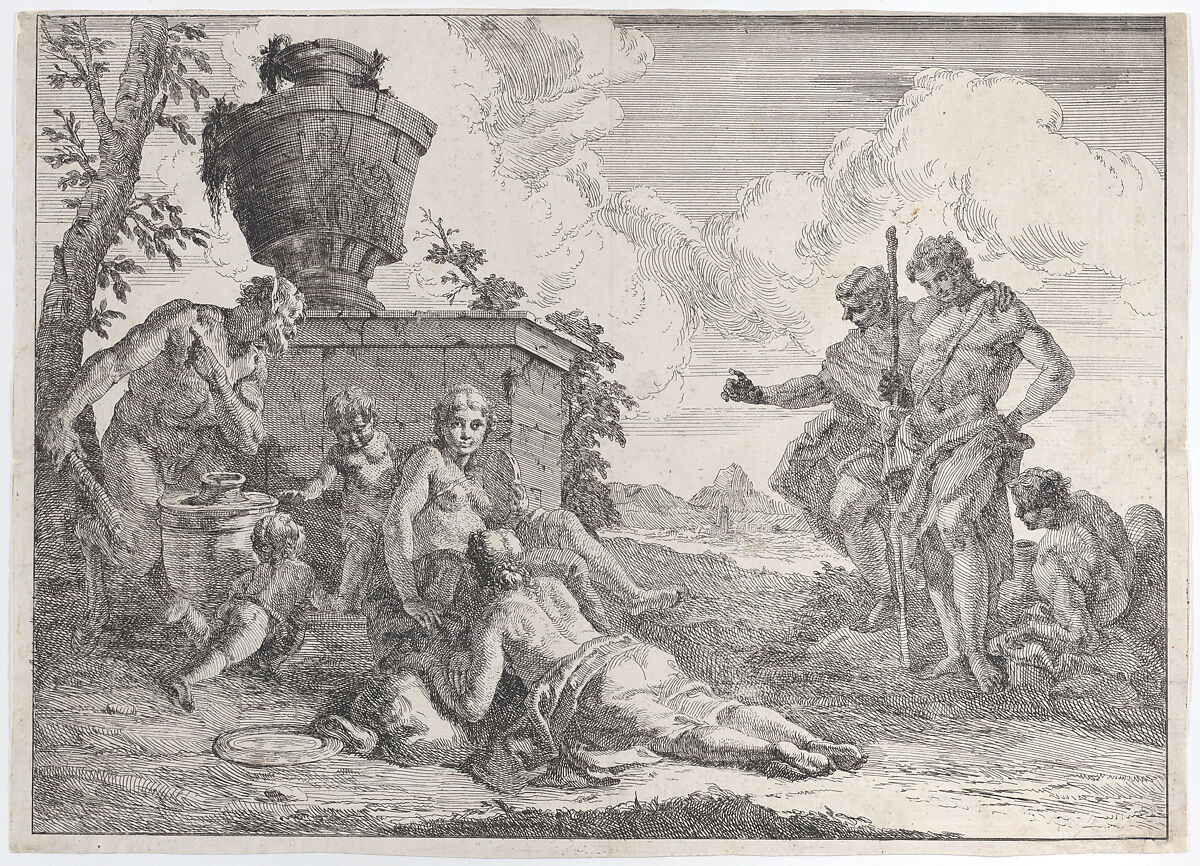 Satyr with Club and Seven Figures, from "Bacchanals and Histories", Francesco Fontebasso (Italian, Venice 1707–1769 Venice), Etching
