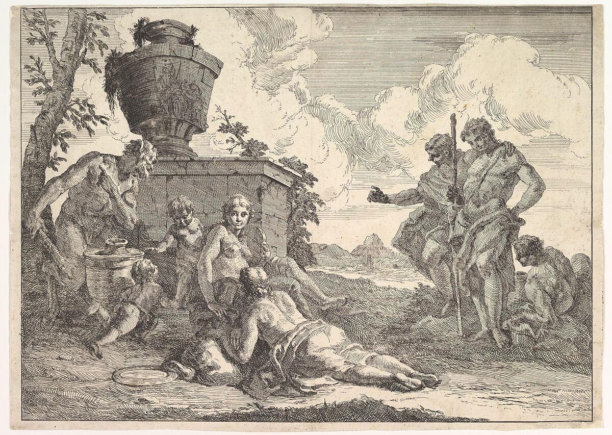 Satyr with Club and Seven Figures, from "Bacchanals and Histories", Francesco Fontebasso (Italian, Venice 1707–1769 Venice), Etching 