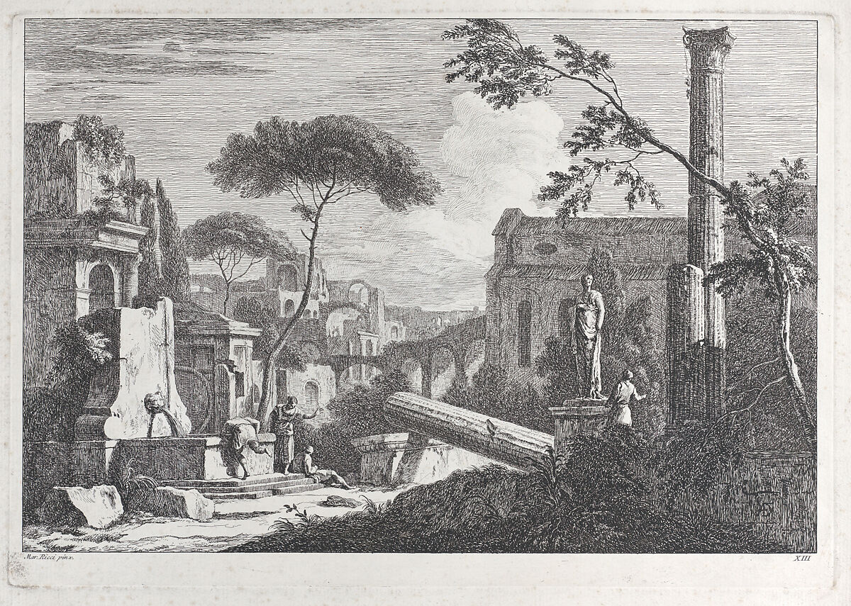 Plate 13: a townscape with a fountain, fallen column and statue at right and a Gothic church beside an aqueduct in the background, Davide Antonio Fossati (Italian, 1708–1791), Etching