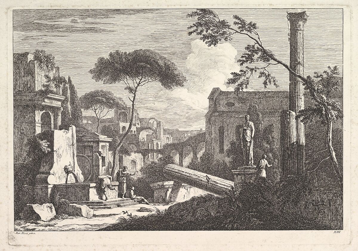 Plate 13: a townscape with a fountain, fallen column and statue at right and a Gothic church beside an aqueduct in the background, Davide Antonio Fossati (Italian, 1708–1791), Etching 
