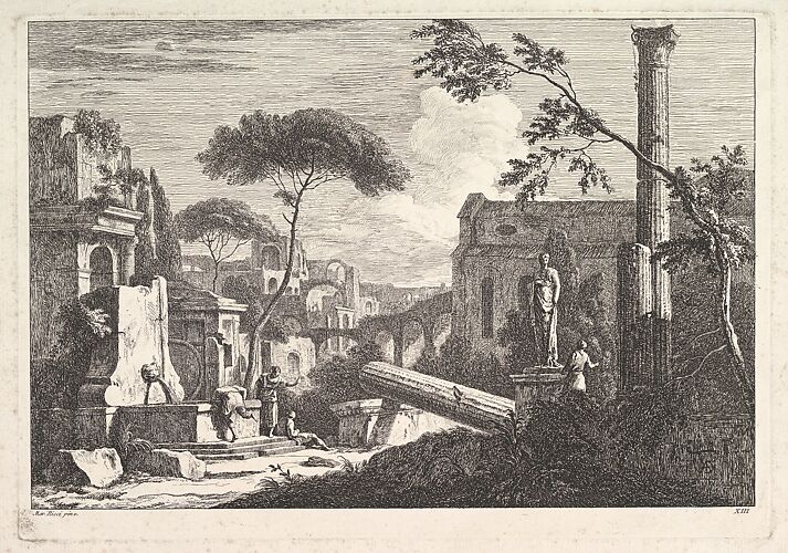 Plate 13: a townscape with a fountain, fallen column and statue at right and a Gothic church beside an aqueduct in the background