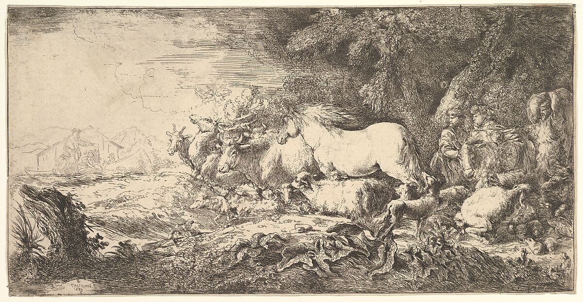 Entry of the animals into Noah's ark, three men follow quadrupeds and birds striding toward the ark in the background, another male figure points the way, Giovanni Benedetto Castiglione (Il Grechetto) (Italian, Genoa 1609–1664 Mantua), Etching 