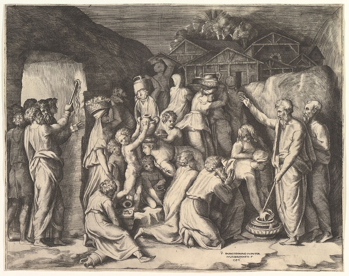 Moses Telling the Israelites to Gather the Manna and Moses Striking the Rock, Giulio Bonasone (Italian, active Rome and Bologna, 1531–after 1576), Engraving 