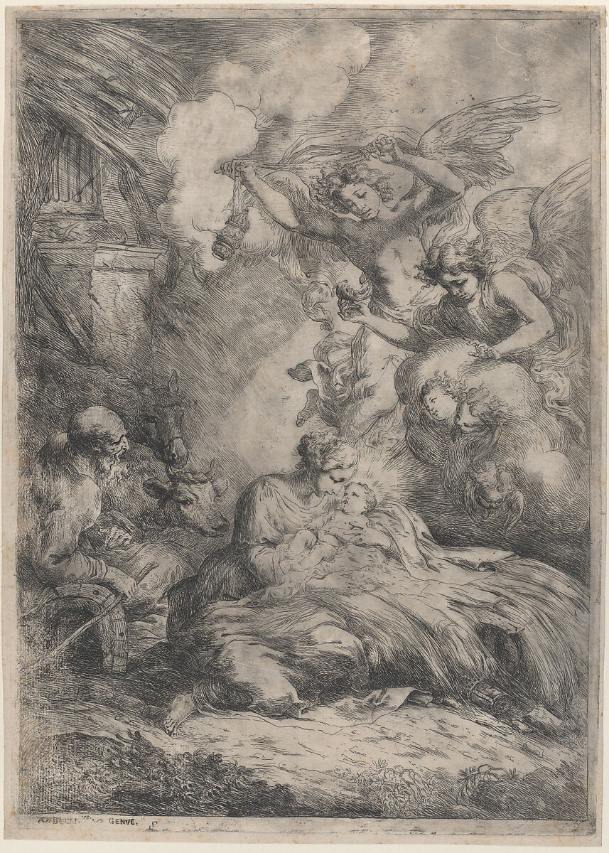 The Nativity with Angels, Bartolomeo Biscaino (Italian, Genoa 1629–1657 Genoa), Etching; first state of eight (TIB)