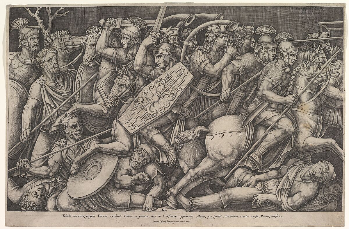 Roman soldiers fighting against Dacians, battle scene in shallow depth with horses and horn-players (after a bas-relief on the Arch of Constantine, Rome), Nicolas Beatrizet (French, Lunéville 1515–ca. 1566 Rome (?)), Engraving 