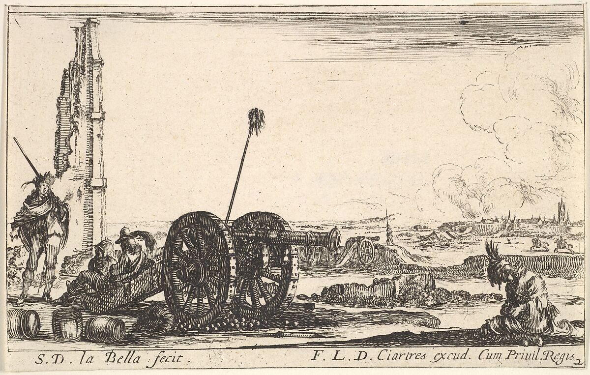 Plate 2: A cannon to the left, a town in the background, from 'Various Military Caprices' (Varii capricci militari), Stefano della Bella (Italian, Florence 1610–1664 Florence), Etching 