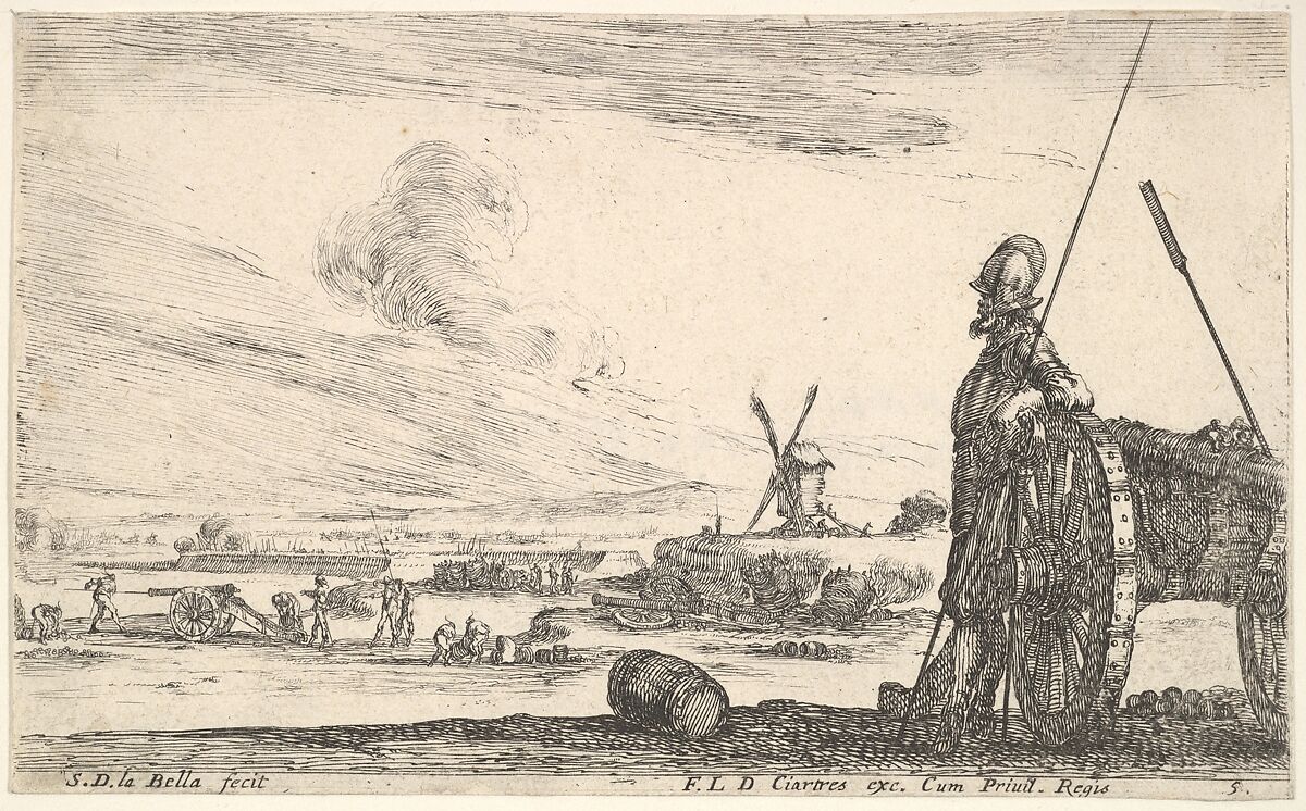 Plate 5: A Pikeman standing at right next to a canon, other military figures in the background, from 'Various Military Caprices' (Varii capricci militari), Stefano della Bella (Italian, Florence 1610–1664 Florence), Etching 