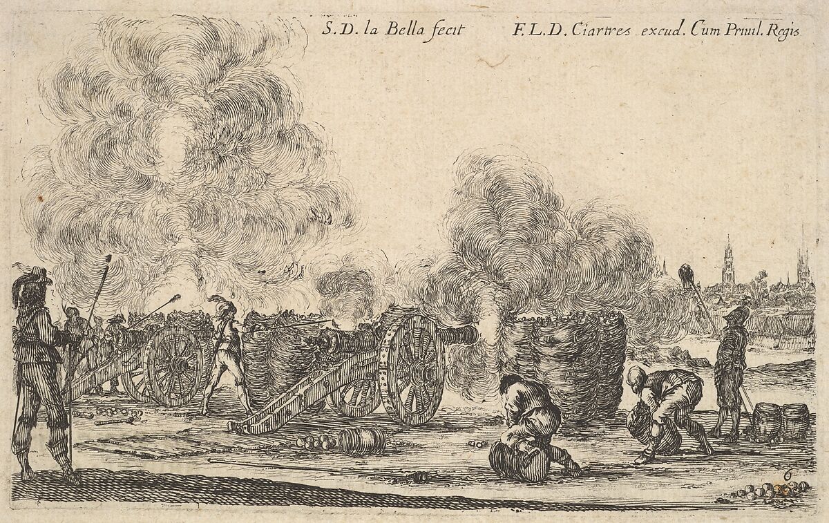Plate 6: A battery of cannons firing on a town, from 'Various Military Caprices' (Varii capricci militari), Stefano della Bella (Italian, Florence 1610–1664 Florence), Etching 