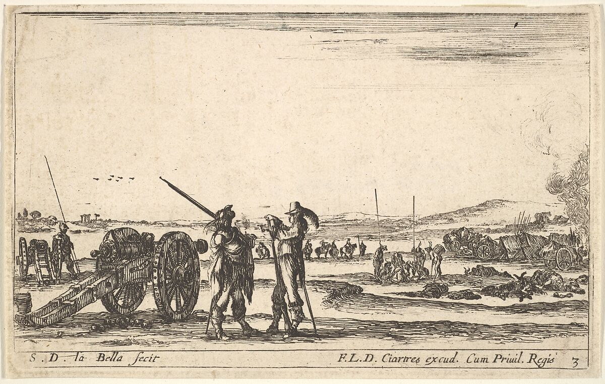 Plate 3: An officer giving orders to a soldier in centre foreground, cannon at left,  from 'Various Military Caprices' (Varii capricci militari), Stefano della Bella (Italian, Florence 1610–1664 Florence), Etching 