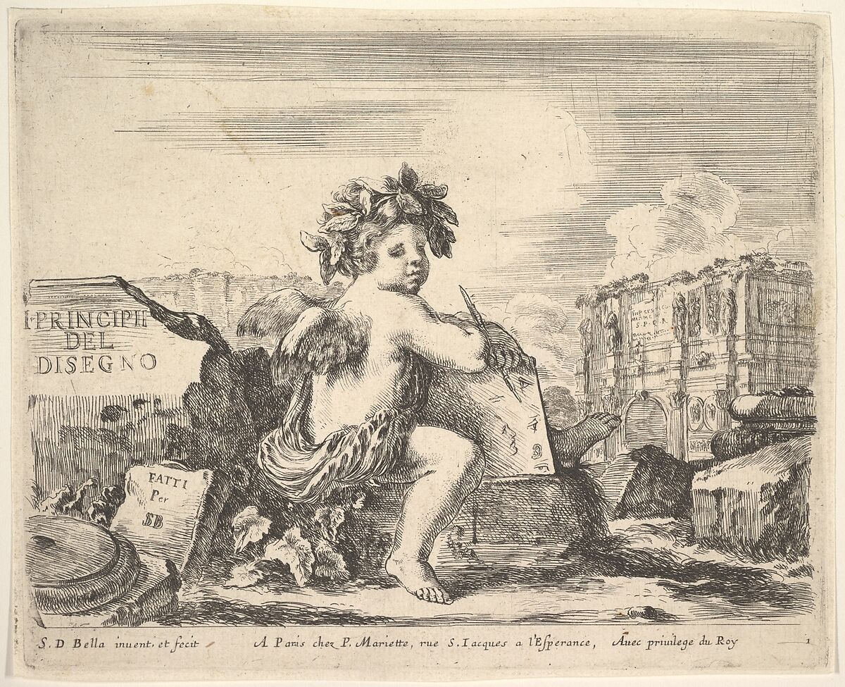 Plate 1: the genius of drawing, a child with wings, seated on a rock in center turned towards the right, holding a drawing pad and pen, ruins including a triumphal arch to right in the background, the title page from The Principles of Design (I principii del disegno), Stefano della Bella (Italian, Florence 1610–1664 Florence), Etching 