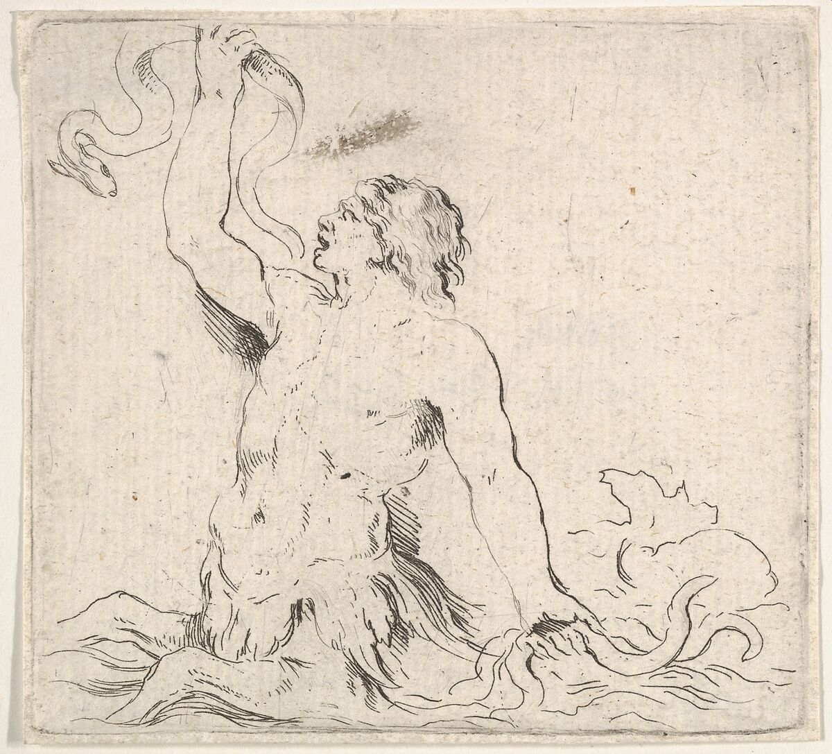 Plate 7: a triton in the water, facing left, holding up an eel in his right hand and two other eels underwater in his left hand, from 'Second collection of various doodles and etching proofs' (Second recueil de divers griffonnements et preuves d'eauforte), Stefano della Bella (Italian, Florence 1610–1664 Florence), Etching 