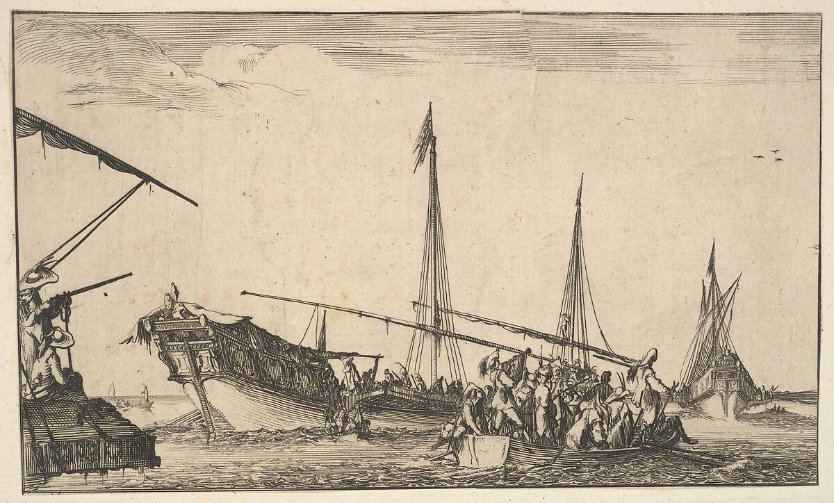 A rowboat full of men at right, a ship with men descending into a rowboat behind to left, two men with a shotgun on a ship to left, another ship to far right in the background, from "Set of eight nautical landscapes" (Suite de huit Marines), Stefano della Bella (Italian, Florence 1610–1664 Florence), Etching 