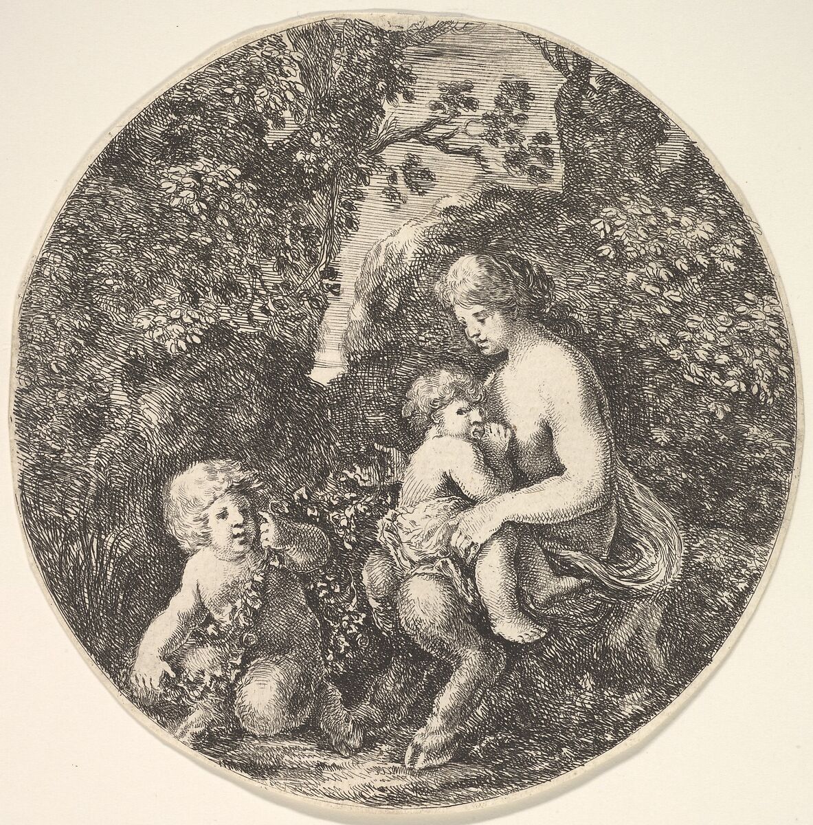 A female satyr breastfeeding an child to the right, turned towards the left, a satyr child on the ground to the left, from 'Landscapes and seaports' (Paysages et ports de mer, dans des ronds), Stefano della Bella (Italian, Florence 1610–1664 Florence), Etching 