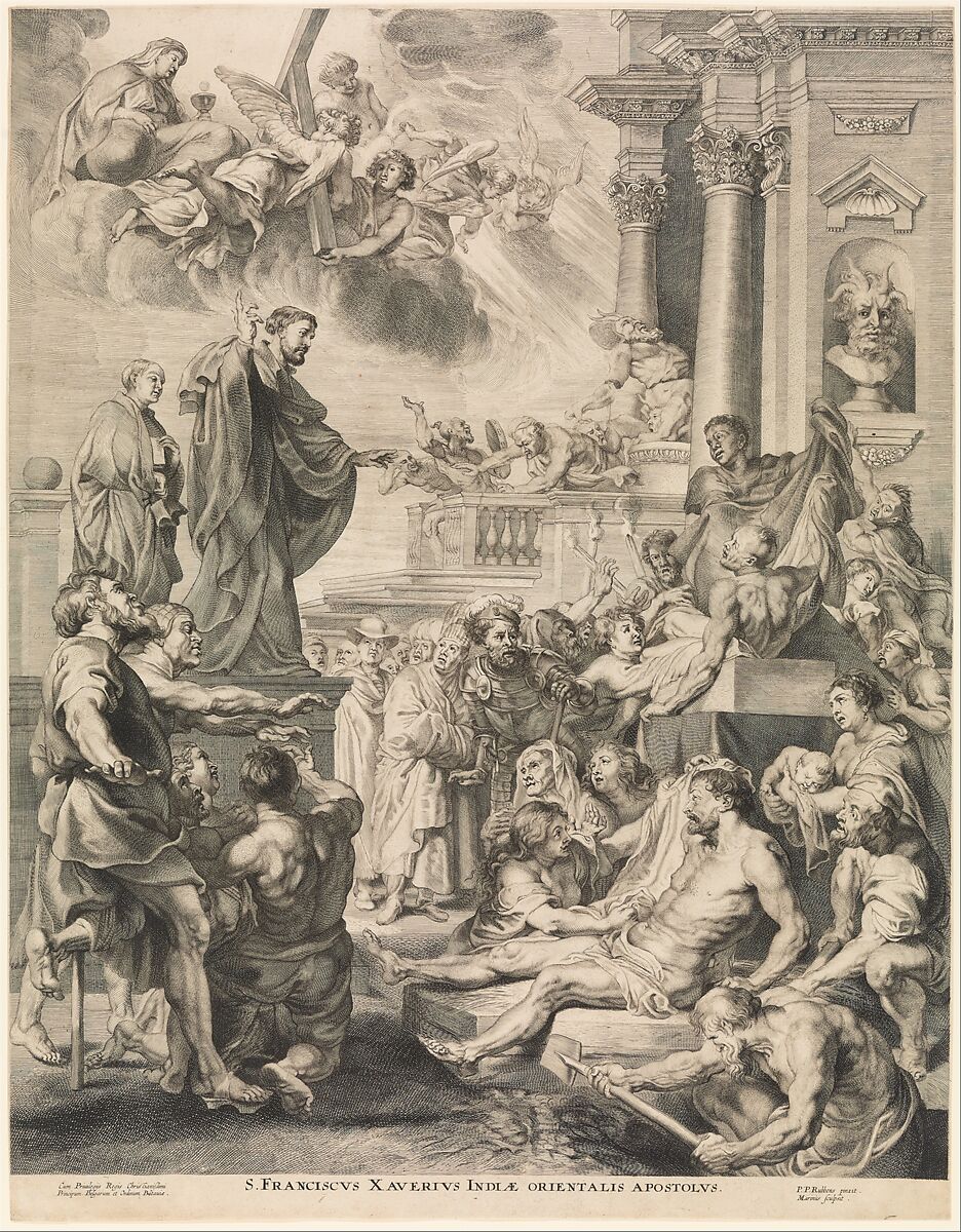 Reproductive Print of the Miracles of St. Francis Xavier Altarpiece, Ignatius Cornelis Marinus (Flemish, London 1599–1639 Antwerp), Engraving 
