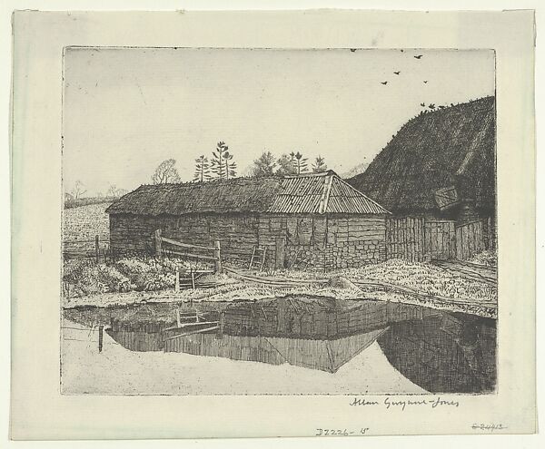 Barn and Pond, Evening, Froxfield, Allan Gwynne-Jones (British, Richmond, Surrey 1892–1982 Gloucestershire), Etching 