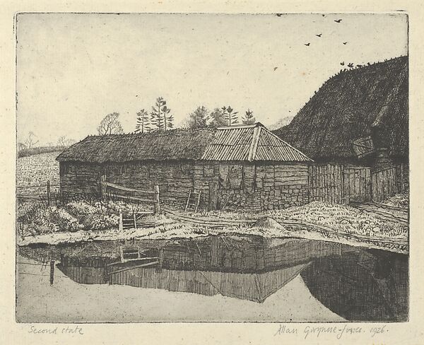 Barn and Pond, Evening, Froxfield, Allan Gwynne-Jones (British, Richmond, Surrey 1892–1982 Gloucestershire), Etching; second state 