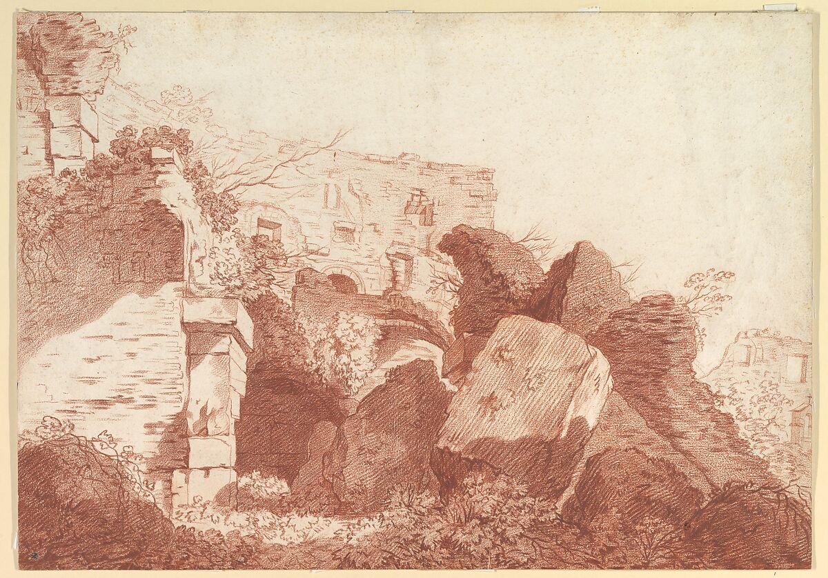 Ruins of the Colosseum, Joseph Benoît Suvée (French, Bruges 1743–1807 Rome), Red chalk 