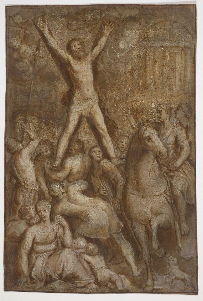 The Martyrdom of Saint Andrew, Otto van Veen (Netherlandish, Leiden 1556–1629 Brussels), Oil (brunaille) on paper; framing line in pen and brown ink, probably by a later hand 