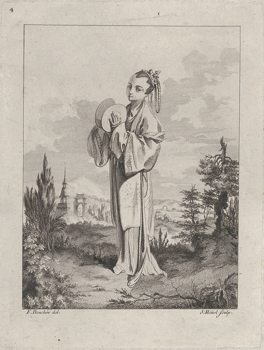 Chinoiserie with a woman holding cymbals, from Suite de Figures Chinoises. . .Tiré du Cabinet de Mr. d'Azaincourt (Series of Chinoiserie Figures. . .From the Chambers of Mr. d'Azaincourt), plate 4, Jean Pierre Louis Laurent Hoüel (French, Rouen 1735–1813 Paris), Etching and engraving 