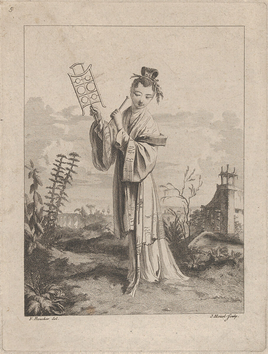 Chinoiserie with a woman playing a musical instrument, from Suite de Figures Chinoises. . .Tiré du Cabinet de Mr. d'Azaincourt (Series of Chinoiserie Figures. . .From the Chambers of Mr. d'Azaincourt), plate 5, Jean Pierre Louis Laurent Hoüel (French, Rouen 1735–1813 Paris), Etching and engraving 