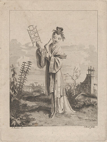 Chinoiserie with a woman playing a musical instrument, from Suite de Figures Chinoises. . .Tiré du Cabinet de Mr. d'Azaincourt (Series of Chinoiserie Figures. . .From the Chambers of Mr. d'Azaincourt), plate 5