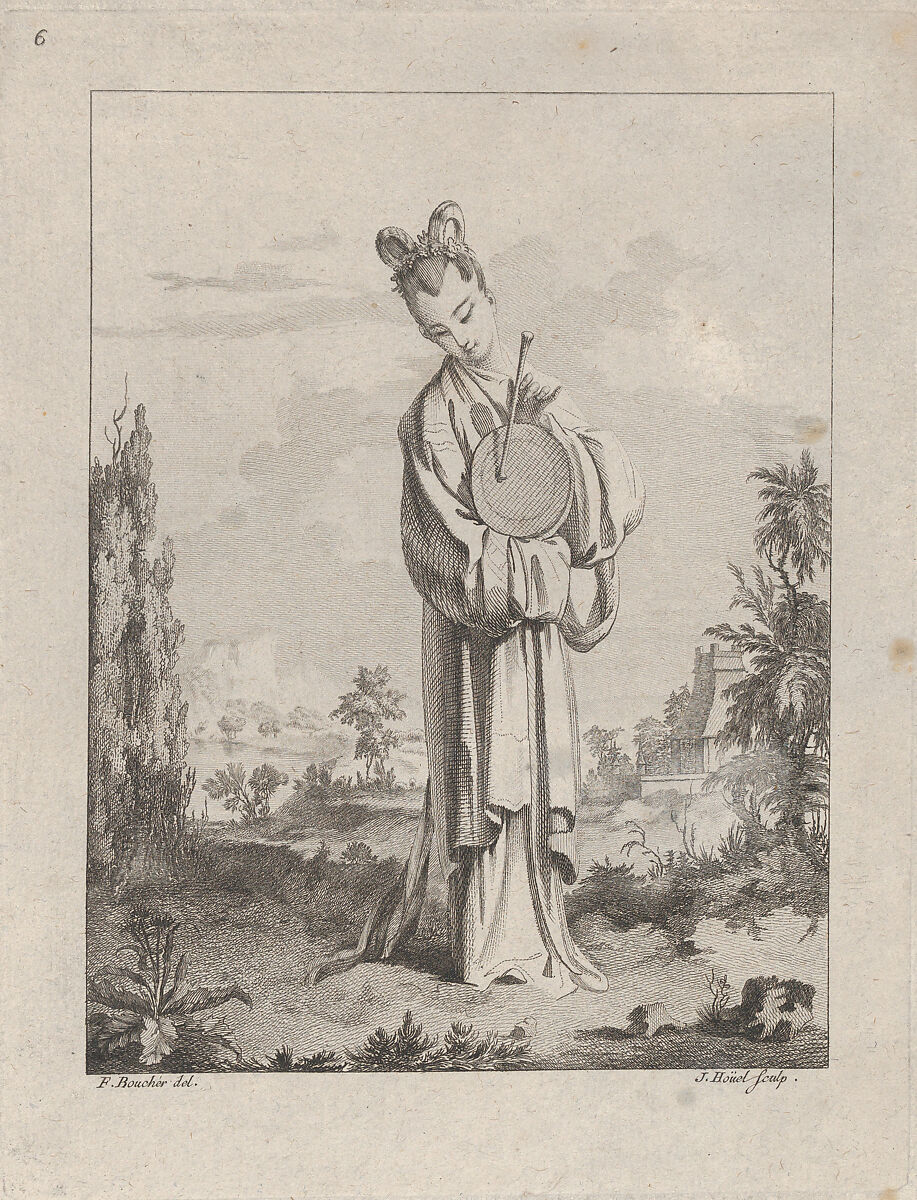 Chinoiserie with a woman playing a gong, from Suite de Figures Chinoises. . .Tiré du Cabinet de Mr. d'Azaincourt (Series of Chinoiserie Figures. . .From the Chambers of Mr. d'Azaincourt), plate 6, Jean Pierre Louis Laurent Hoüel (French, Rouen 1735–1813 Paris), Etching and engraving 