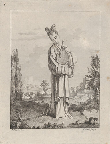 Chinoiserie with a woman playing a gong, from Suite de Figures Chinoises. . .Tiré du Cabinet de Mr. d'Azaincourt (Series of Chinoiserie Figures. . .From the Chambers of Mr. d'Azaincourt), plate 6