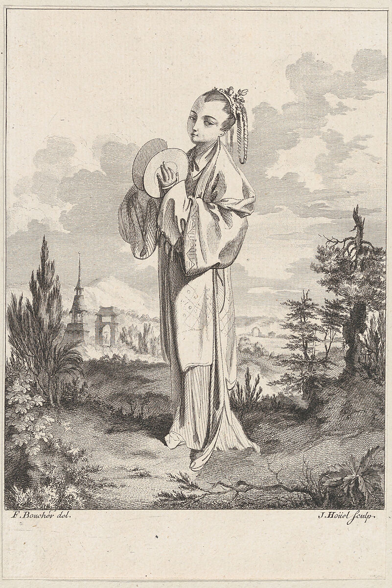 Chinoiserie with a woman holding cymbals, from Suite de Figures Chinoises. . .Tiré du Cabinet de Mr. d'Azaincourt (Series of Chinoiserie Figures. . .From the Chambers of Mr. d'Azaincourt), Jean Pierre Louis Laurent Hoüel (French, Rouen 1735–1813 Paris), Etching and engraving 