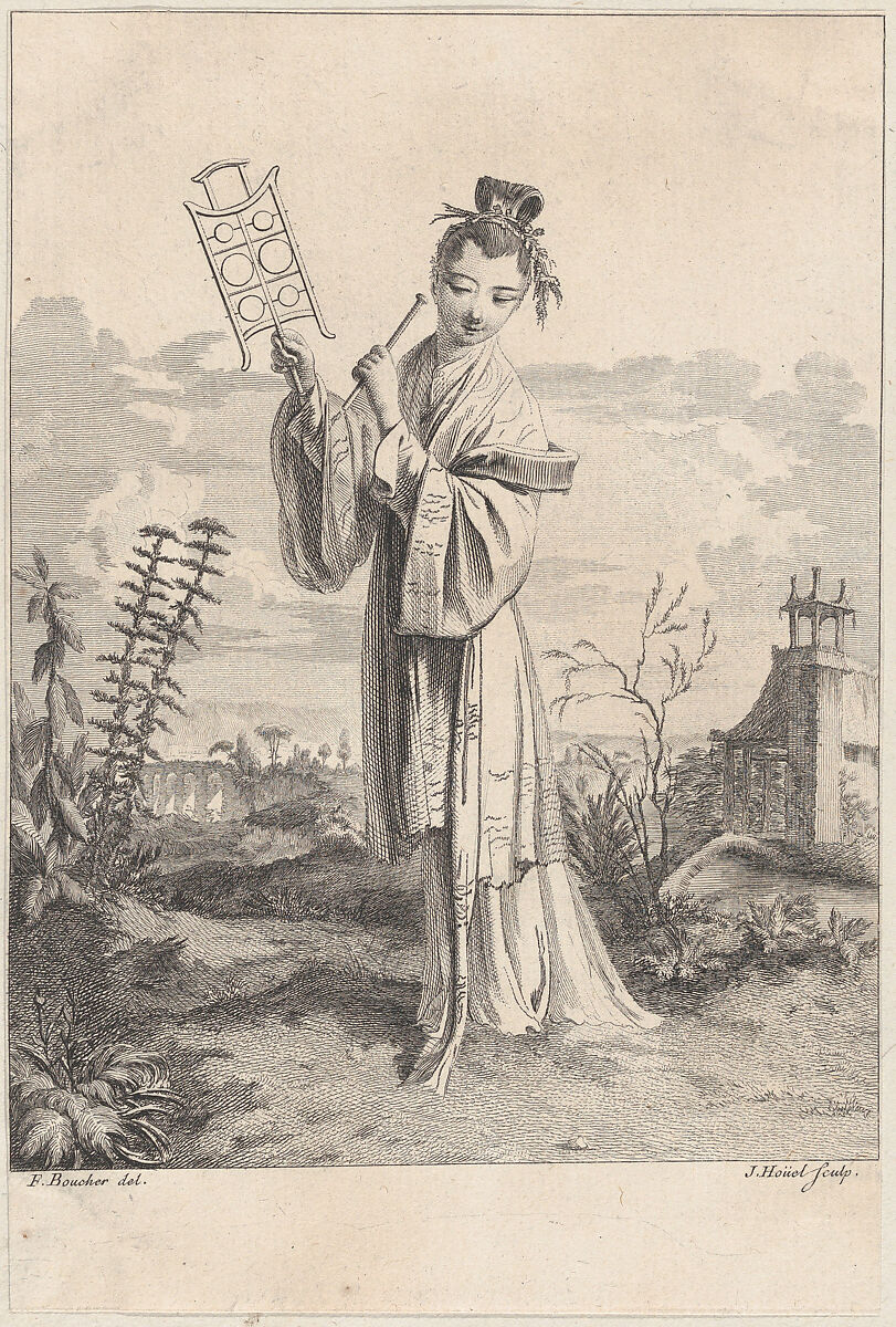 Chinoiserie with a woman playing a musical instrument, from Suite de Figures Chinoises. . .Tiré du Cabinet de Mr. d'Azaincourt (Series of Chinoiserie Figures. . .From the Chambers of Mr. d'Azaincourt), Jean Pierre Louis Laurent Hoüel (French, Rouen 1735–1813 Paris), Etching and engraving