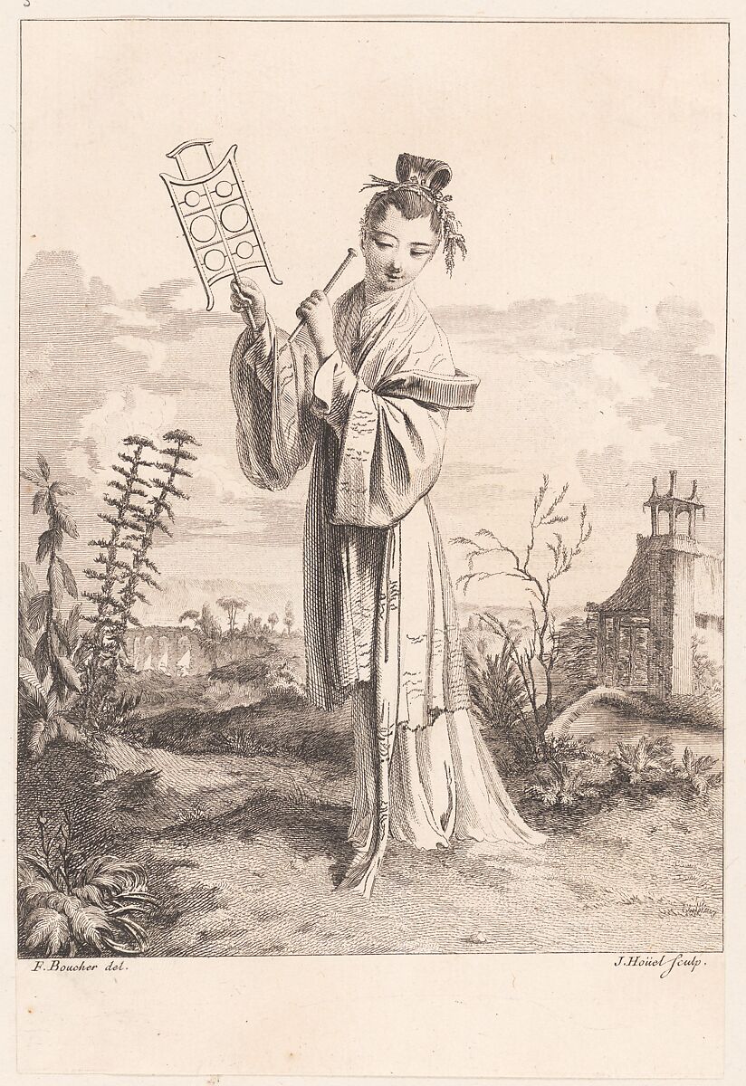 Chinoiserie with a woman playing a musical instrument, from Suite de Figures Chinoises. . .Tiré du Cabinet de Mr. d'Azaincourt (Series of Chinoiserie Figures. . .From the Chambers of Mr. d'Azaincourt), Jean Pierre Louis Laurent Hoüel (French, Rouen 1735–1813 Paris), Etching and engraving 