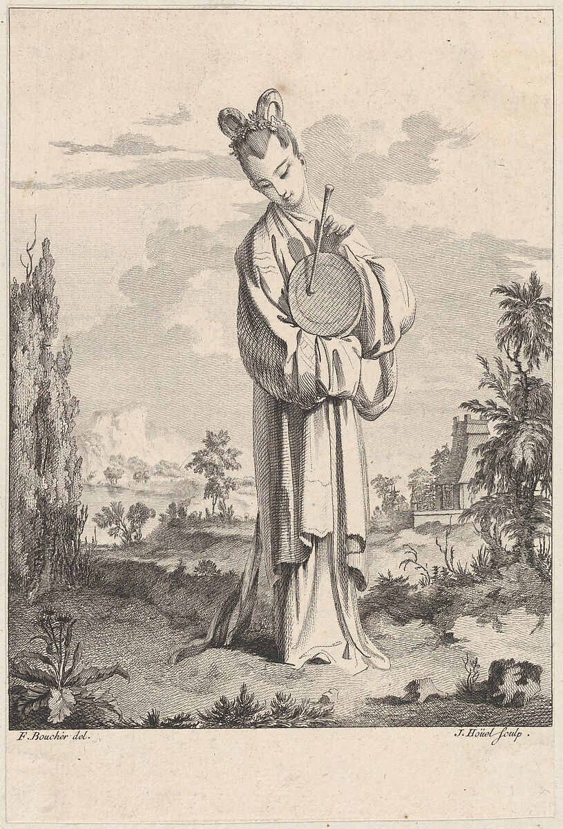 Chinoiserie with a woman playing a gong, from Suite de Figures Chinoises. . .Tiré du Cabinet de Mr. d'Azaincourt (Series of Chinoiserie Figures. . .From the Chambers of Mr. d'Azaincourt), Jean Pierre Louis Laurent Hoüel (French, Rouen 1735–1813 Paris), Etching and engraving 