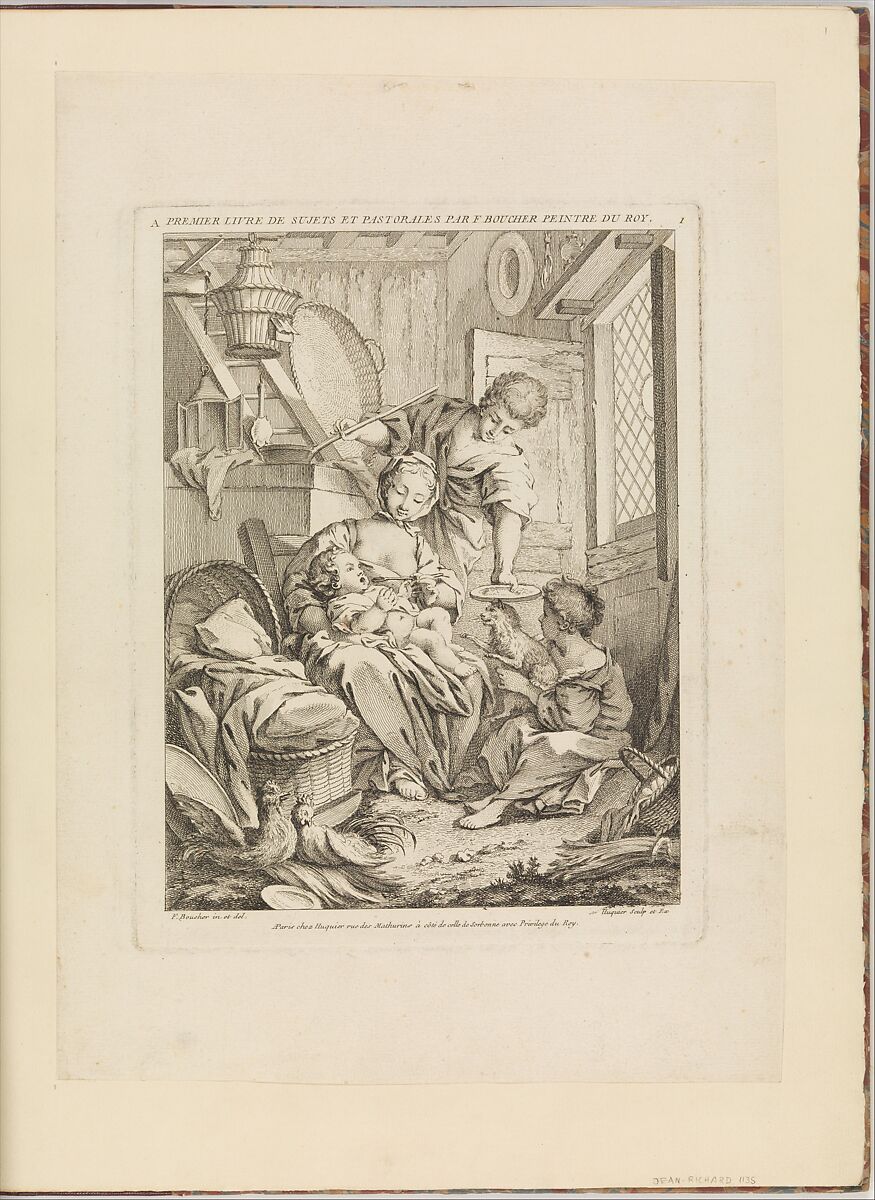 Plate 1: Young Woman Feeding her Infant, from Premier Livre de Sujets et Pastorales (First Book of Subjects and Pastorals), Gabriel Huquier (French, Orléans 1695–1772 Paris), Etching and engraving 