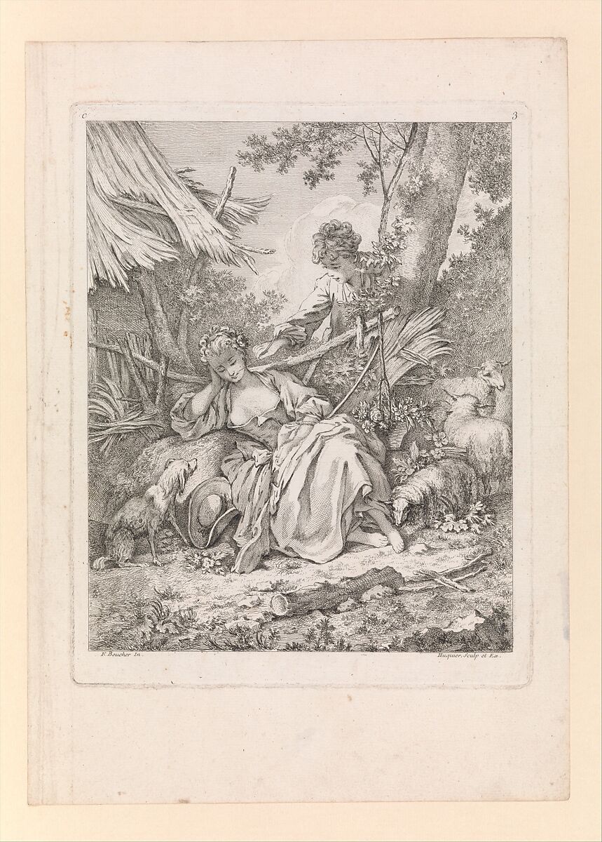 Plate 3: Shepherd tickling a sleeping Shepherdess with a piece of straw, from Troisieme Livre de Sujets et Pastorales (Third Book of Subjects and Pastorals), Gabriel Huquier (French, Orléans 1695–1772 Paris), Etching and engraving 