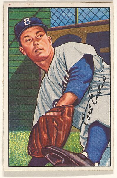 Issued by Bowman Gum Company, Carl Erskine, Pitcher, Brooklyn Dodgers,  from Name on Bat series, series 9 (R406-9) issued by Bowman Gum