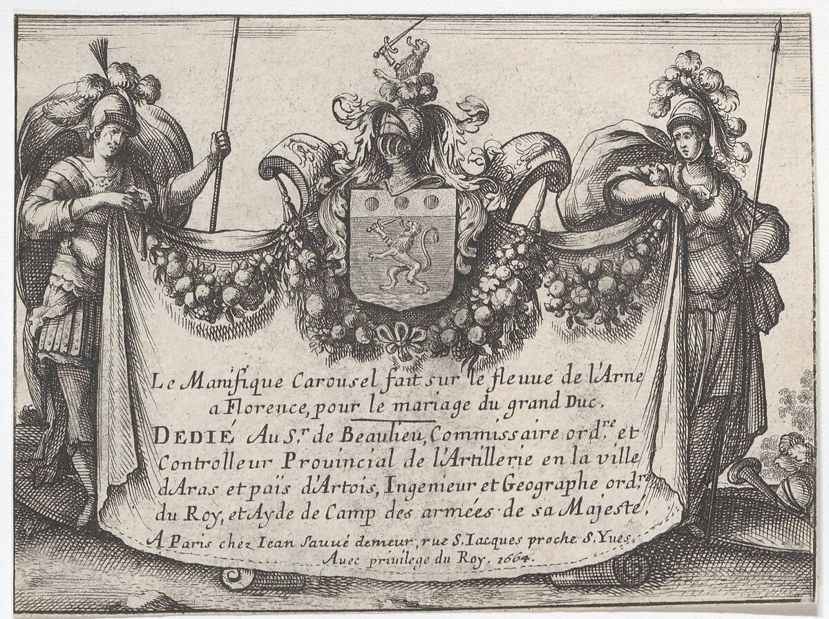 Title page from "The magnificent pageant on the Arno in Florence for the marriage of the Grand Duke" (Le Magnifique carousel fait sur le fleuve de l'Arne a Florence, pour le mariage du Grand Duc), Anonymous, Etching