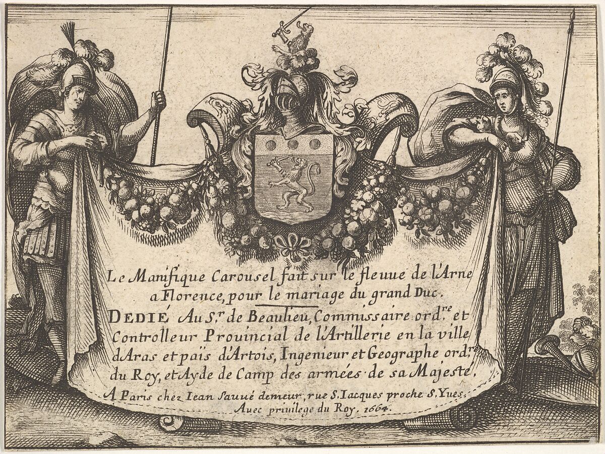 Title page from 'The magnificent pageant on the Arno in Florence for the marriage of the Grand Duke' (Le Magnifique carousel fait sur le fleuve de l'Arne a Florence, pour le mariage du Grand Duc); two figures holding a curtain inscribed with title and other details, Anonymous, Etching 