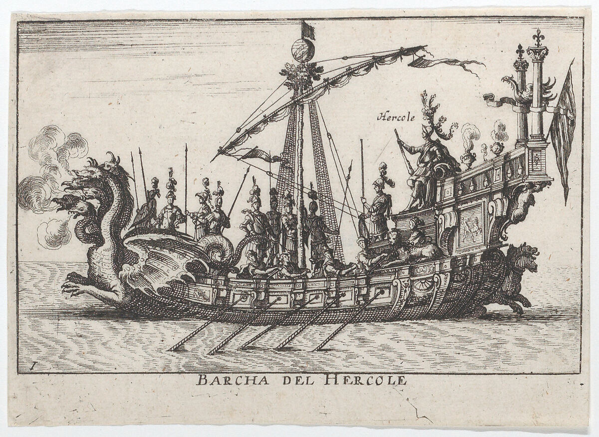 Plate 1: Ship of Hercules (Barcha del Hercole), with dragon-headed prow and Hercules on platform behind oarsmen and standing soldiers, from "The magnificent pageant on the river Arno in Florence for the marriage of the Grand Duke" (Le Magnifique carousel fait sur le fleuve de l'Arne a Florence, pour le mariage du Grand Duc), Anonymous, Etching