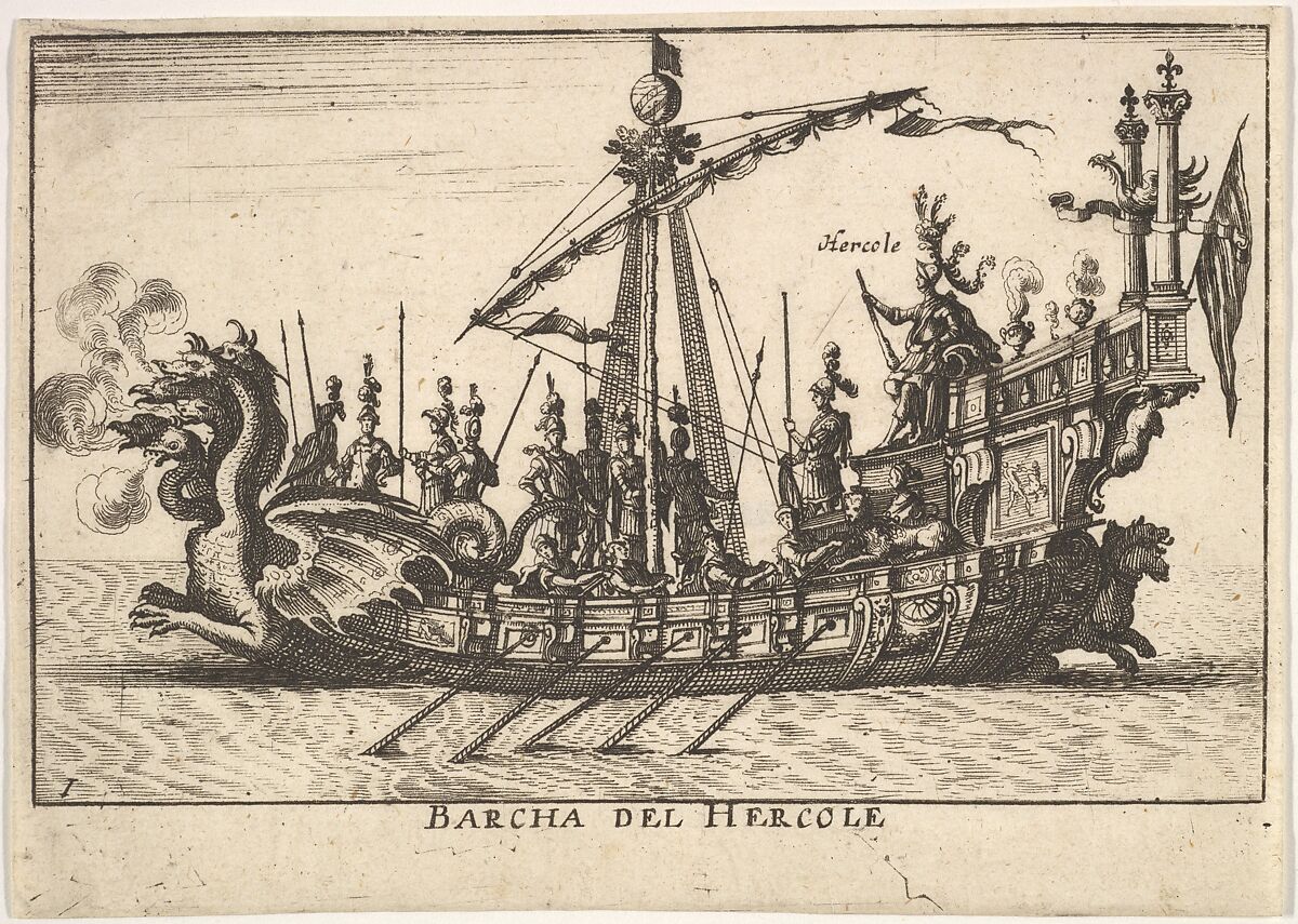 Plate 1: Ship of Hercules (Barcha del Hercole), with dragon-headed prow and Hercules on platform behind oarsmen and standing soldiers, from the series 'The magnificent pageant on the river Arno in Florence for the marriage of the Grand Duke' (Le Magnifique carousel fait sur le fleuve de l'Arne a Florence, pour le mariage du Grand Duc), for the wedding celebration of Cosimo de' Medici in Florence, 1608, Anonymous, Etching 