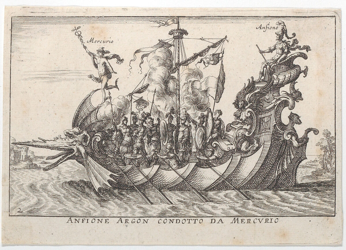 Plate 2: The Argonaut Amphion led by Mercury (Anfione Argon. condotto da Mercurio), from "The magnificent pageant on the river Arno in Florence for the marriage of the Grand Duke" (Le Magnifique carousel fait sur le fleuve de l'Arne a Florence, pour le mariage du Grand Duc), Anonymous, Etching; reverse copy