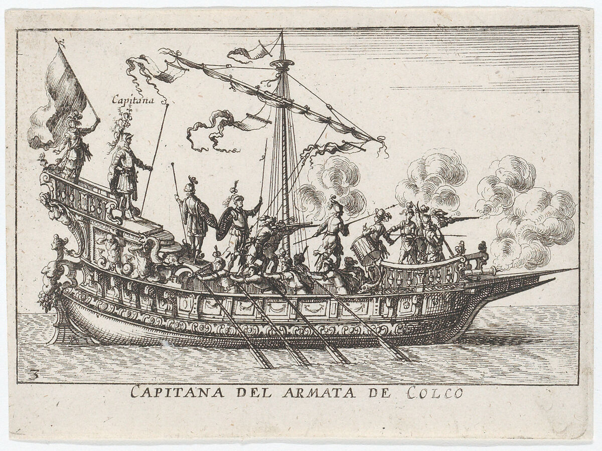 Plate 3: Captain of the army of Chalchis (Capitana del armata de Colco), from "The magnificent pageant on the river Arno in Florence for the marriage of the Grand Duke" (Le Magnifique carousel fait sur le fleuve de l'Arne a Florence, pour le mariage du Grand Duc), Anonymous, Etching