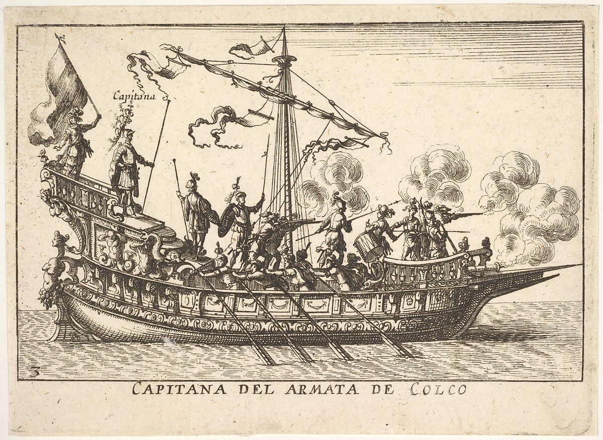 Plate 3: Captain of the army of Chalchis (Capitana del armata de Colco), from the series 'The magnificent pageant on the river Arno in Florence for the marriage of the Grand Duke' (Le Magnifique carousel fait sur le fleuve de l'Arne a Florence, pour le mariage du Grand Duc), for the wedding celebration of Cosimo de' Medici in Florence, 1608, Anonymous, Etching 