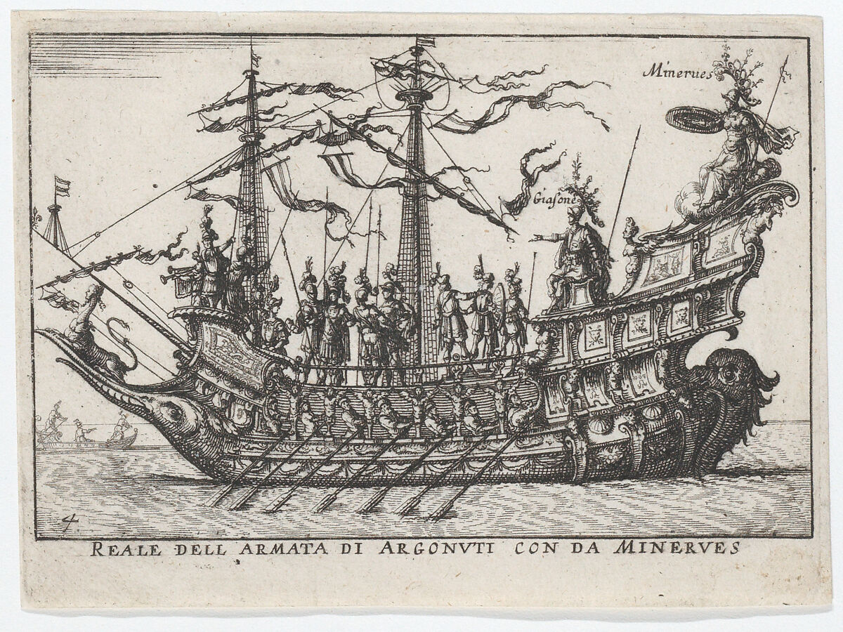The Argonauts led by Minerva (Reale dell armata di Argonuti con da Minerves), from "The magnificent pageant on the river Arno in Florence for the marriage of the Grand Duke" (Le Magnifique carousel fait sur le fleuve de l'Arne a Florence, pour le mariage du Grand Duc), Anonymous, Etching