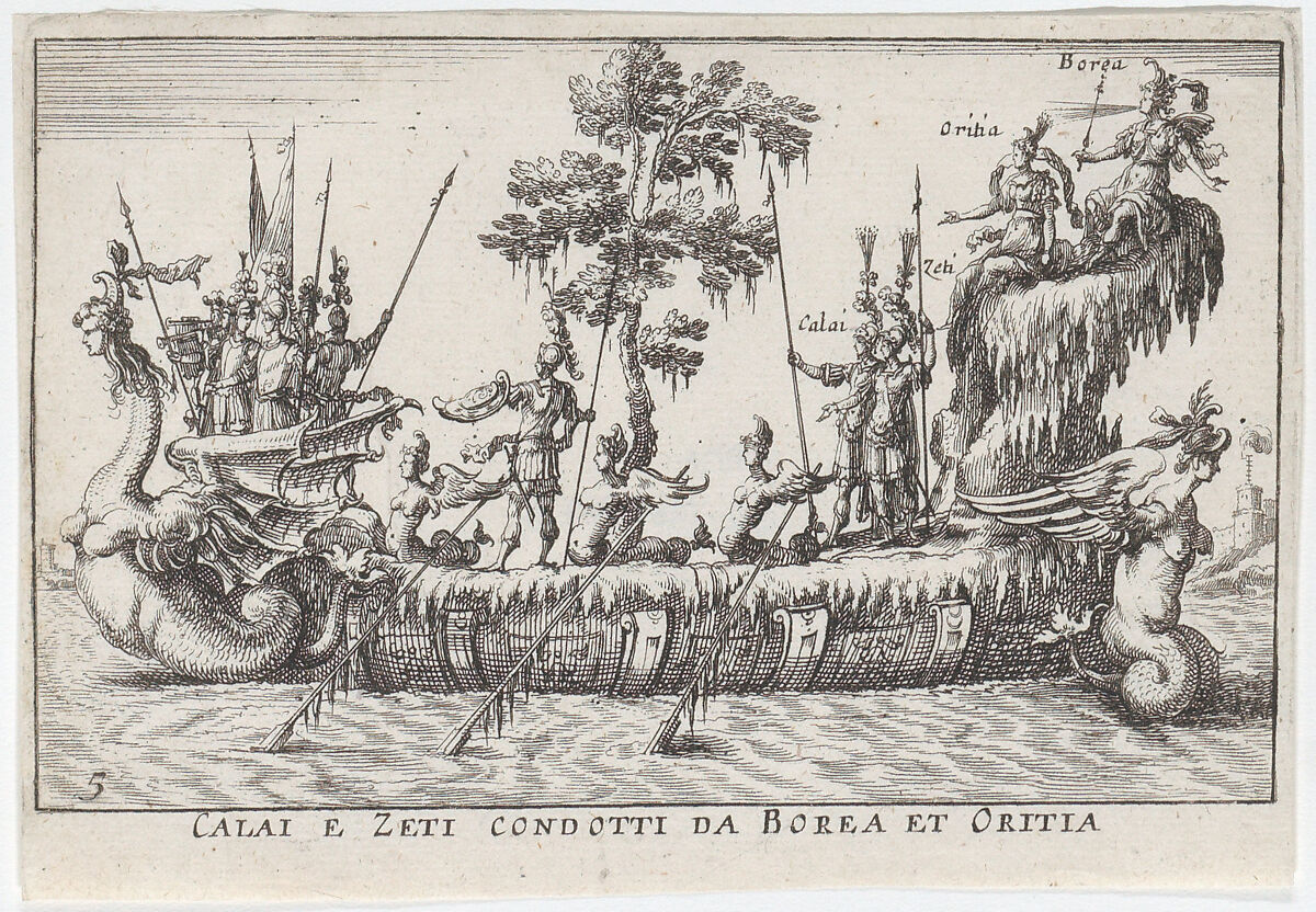 Calais and Zetes led by Boreas and Oreithyia (Calai e Zeti condotti da Borea et Oritia), from "The magnificent pageant on the river Arno in Florence for the marriage of the Grand Duke" (Le Magnifique carousel fait sur le fleuve de l'Arne a Florence, pour le mariage du Grand Duc), Anonymous, Etching