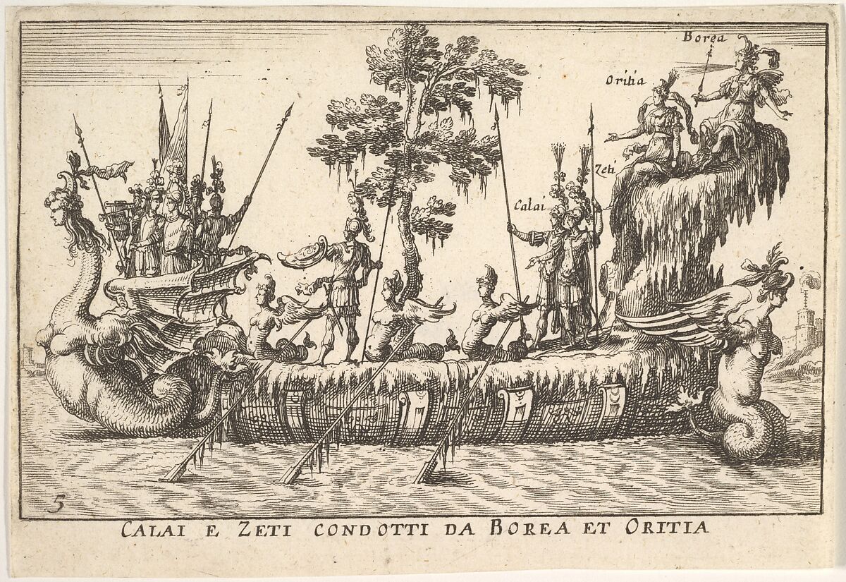 Calais and Zetes led by Boreas and Oreithyia (Calai e Zeti condotti da Borea et Oritia), with female-headed sea creatures at the prow and stern, and a tree at shipdeck center, from the series 'The magnificent pageant on the river Arno in Florence for the marriage of the Grand Duke' (Le Magnifique carousel fait sur le fleuve de l'Arne a Florence, pour le mariage du Grand Duc), for the wedding celebration of Cosimo de' Medici in Florence, 1608, Anonymous, Etching 