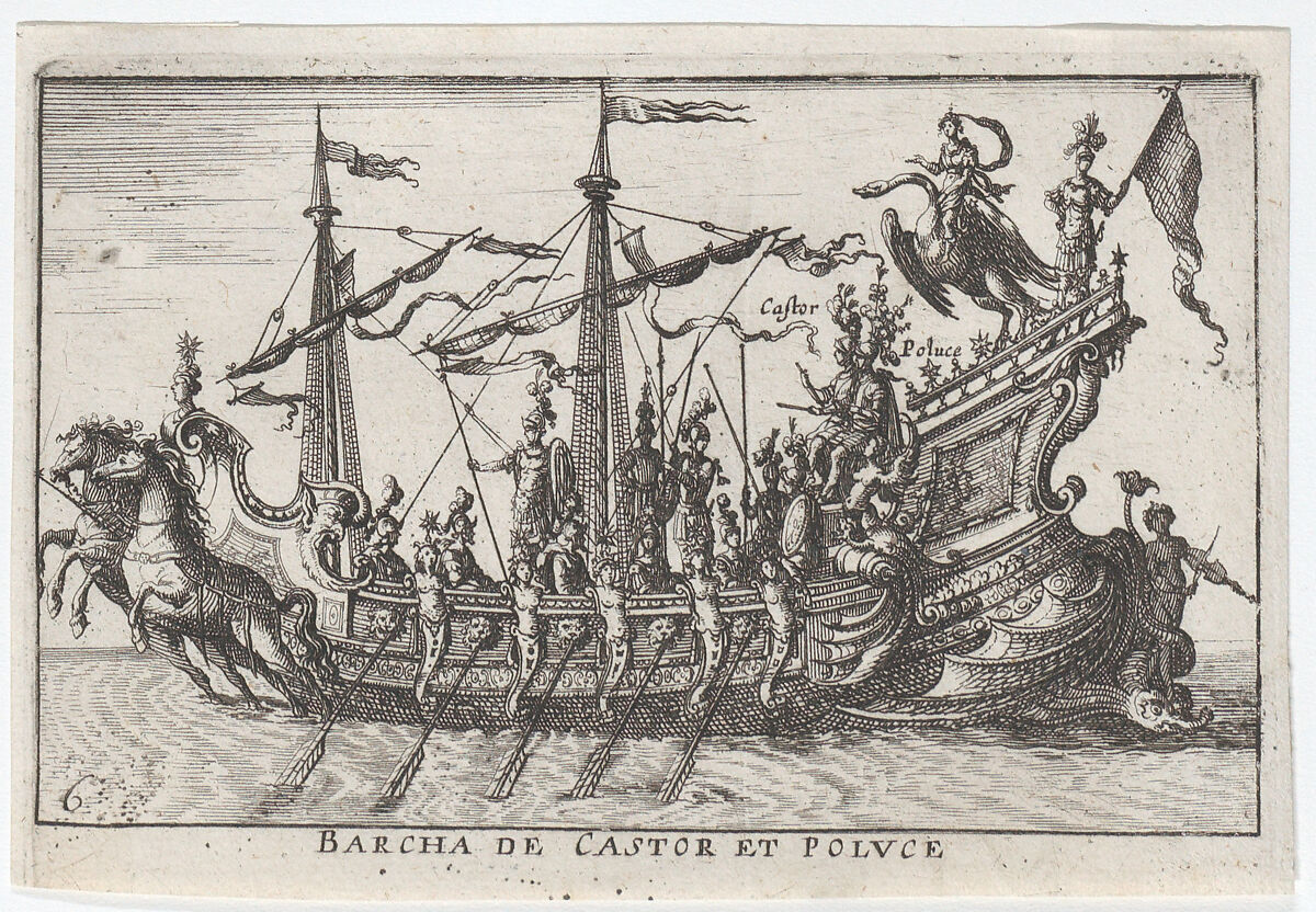 Plate 6: Ship of Castor and Pollux (Barcha de Castor et Poluce), from "The magnificent pageant on the river Arno in Florence for the marriage of the Grand Duke" (Le Magnifique carousel fait sur le fleuve de l'Arne a Florence, pour le mariage du Grand Duc), Anonymous, Etching; reverse copy