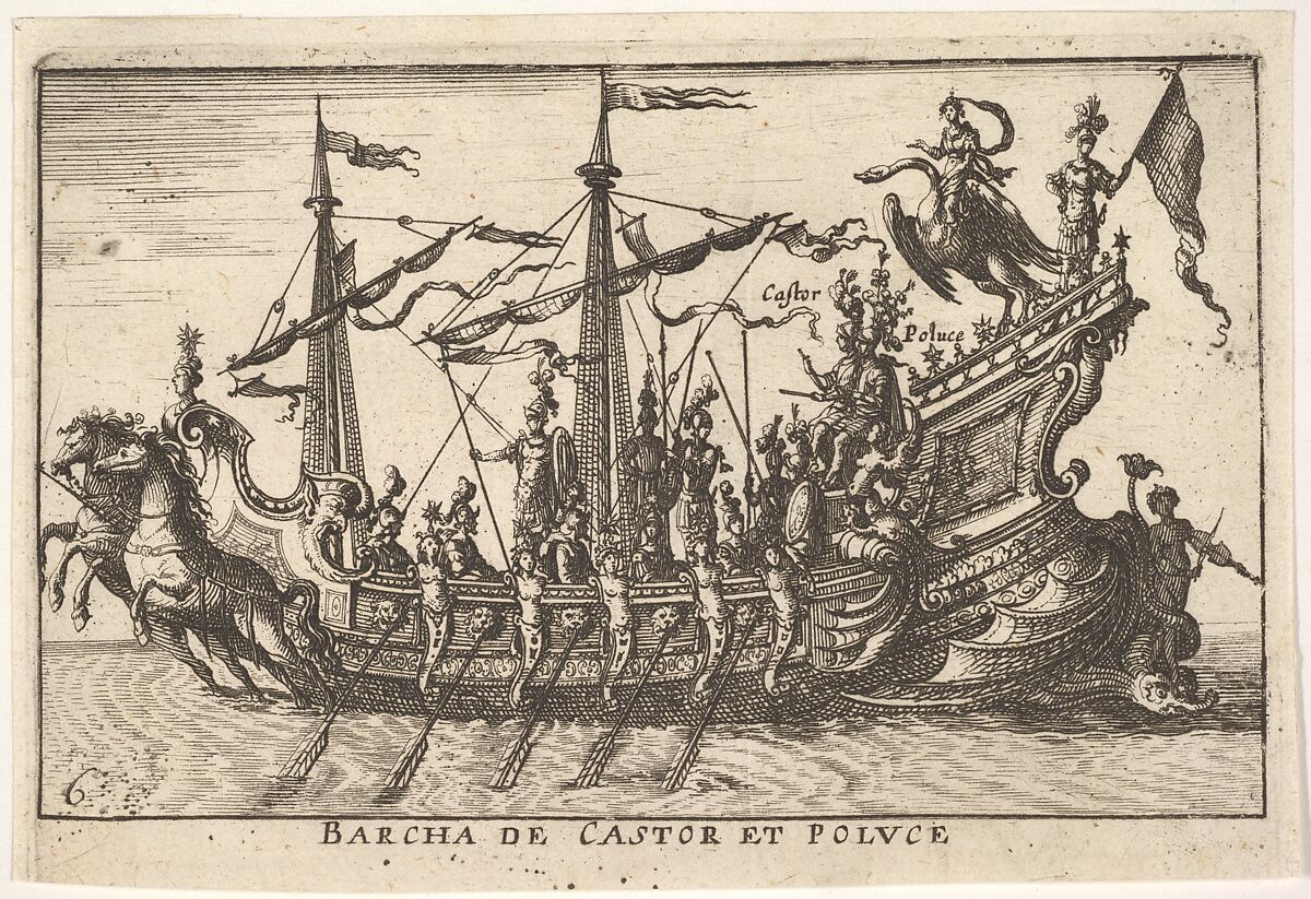 Plate 6: Ship of Castor and Pollux (Barcha de Castor et Poluce), from the series 'The magnificent pageant on the river Arno in Florence for the marriage of the Grand Duke' (Le Magnifique carousel fait sur le fleuve de l'Arne a Florence, pour le mariage du Grand Duc), for the wedding celebration of Cosimo de' Medici in Florence, 1608, Anonymous, Etching; reverse copy 