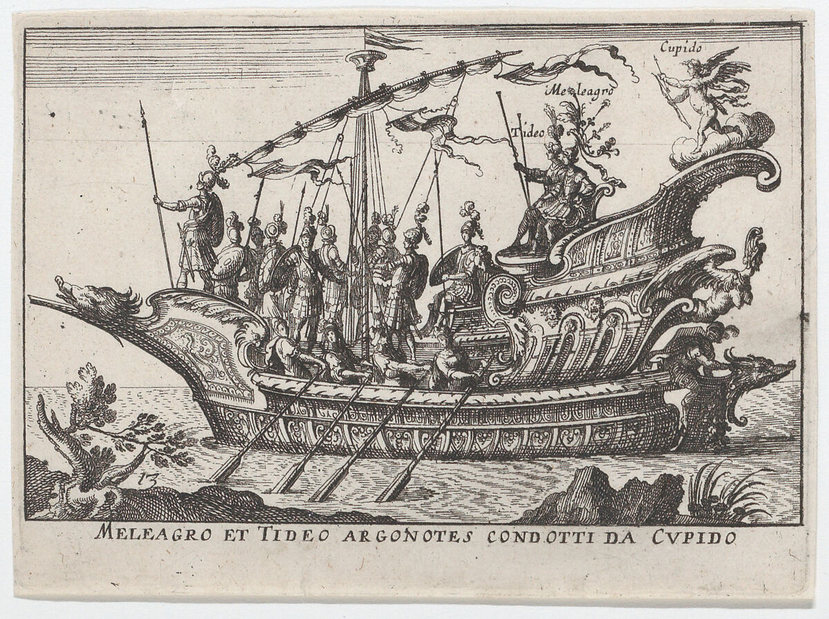 Plate 13: Argonauts Meleager and Tydeus led by Cupid (Meleagro et Tideo Argonotes condotti da Cupido), from "The magnificent pageant on the river Arno in Florence for the marriage of the Grand Duke" (Le Magnifique carousel fait sur le fleuve de l'Arne a Florence, pour le mariage du Grand Duc), Anonymous, Etching; reverse copy
